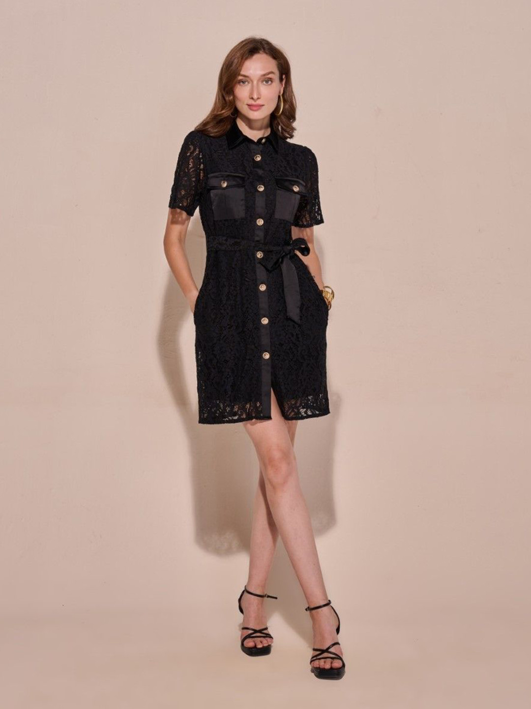 Style Island Women Self Design Lace Shirt Collar Shirt Dress