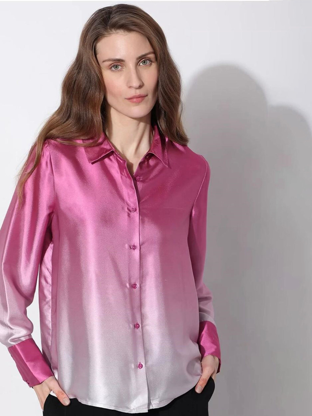 ANN SPRINGS Ombre Dyed Spread Collar Long Sleeves Comfort Shirt