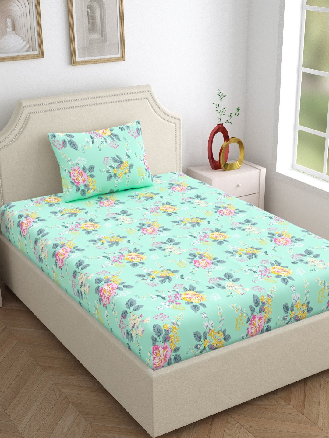 Home Ecstasy Green & Pink Printed Pure Cotton 140 TC Single Bedsheet Set 2.2 m x 1.5 m