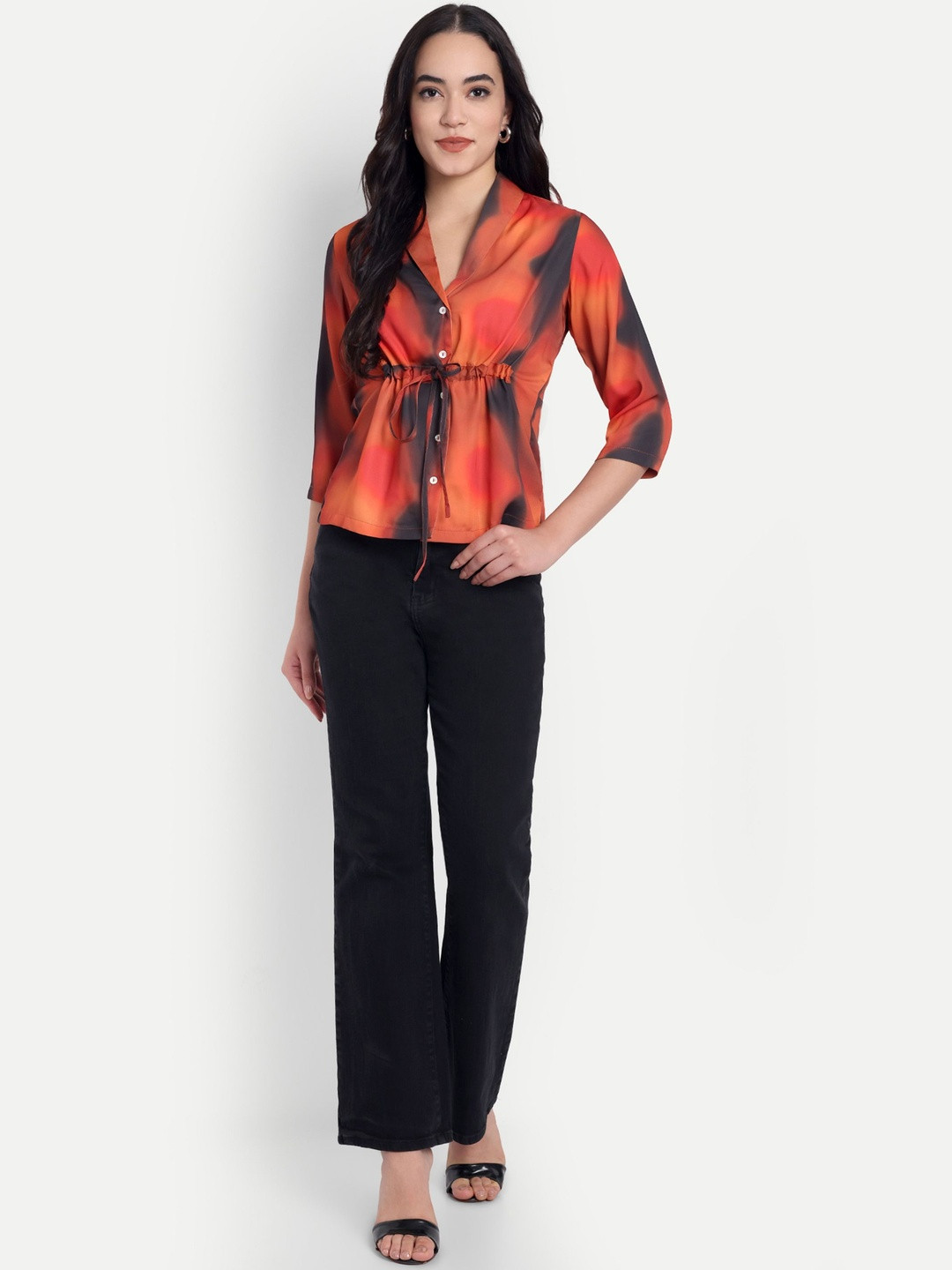 FairLeaf Women Abstract Printed PrintedShawl Collar Cotton Shirt Style Top