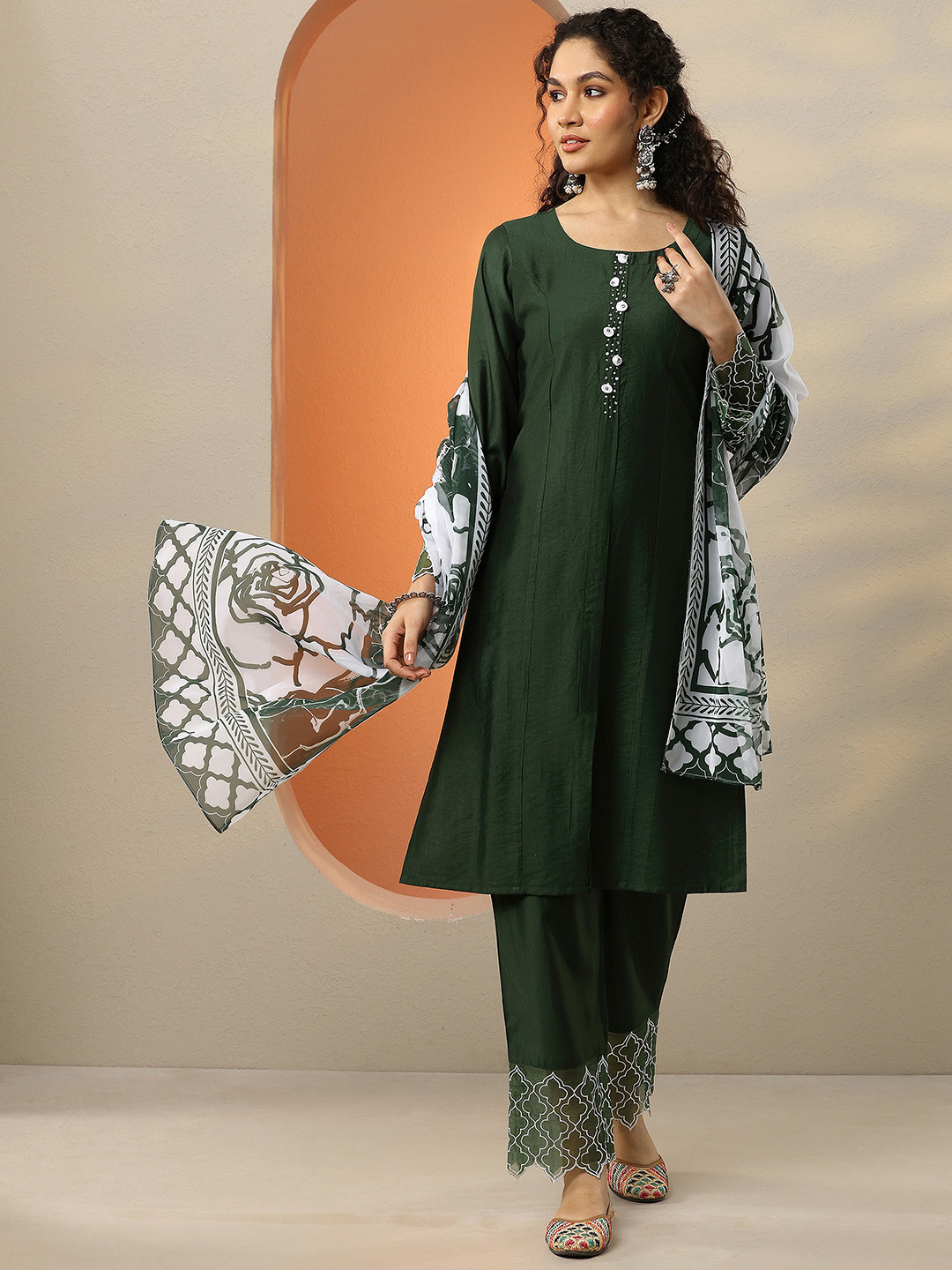 Libas Green and White Round Neck Beads and Stones Straight Kurta with Trouser & Dupatta