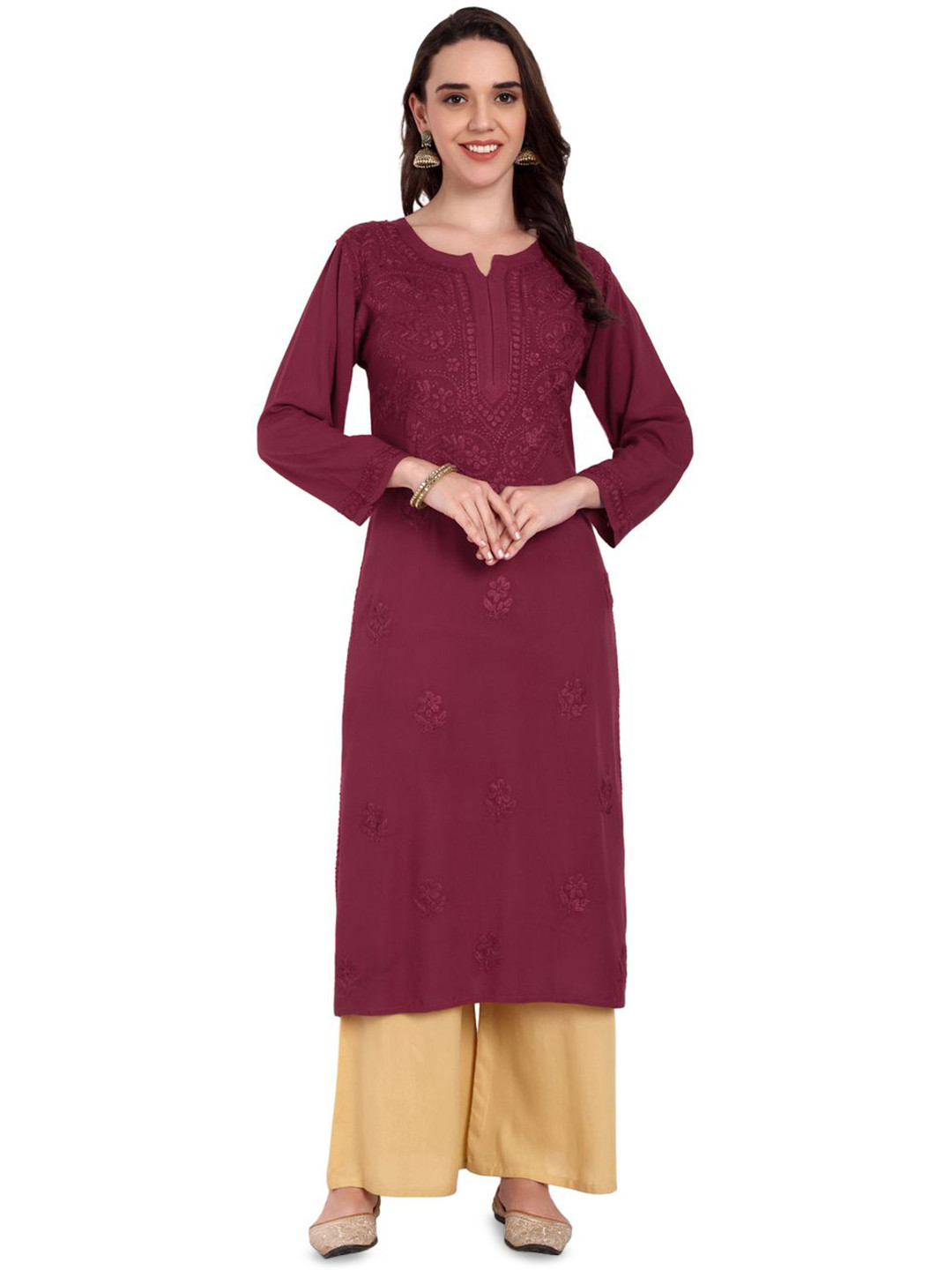 Label Aja Chikankari Women Embroidered Pure Cotton Chikankari Straight Kurti