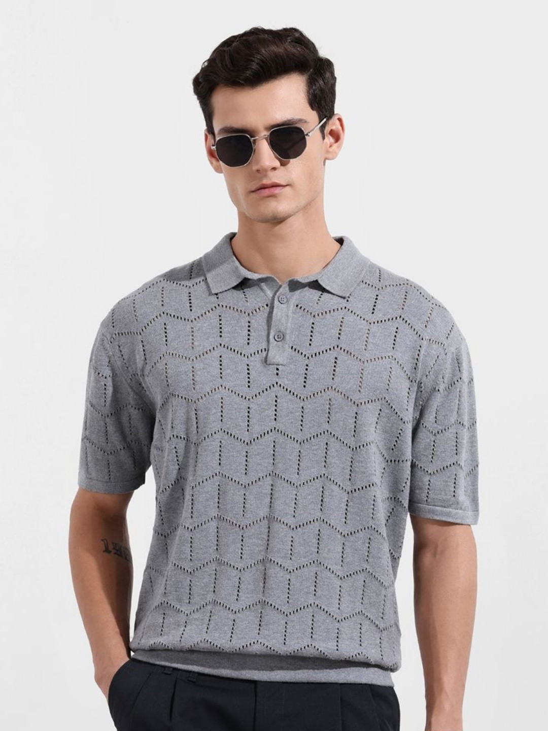 The Indian Garage Co Self Design Polo Collar Cotton Oversized T-shirt