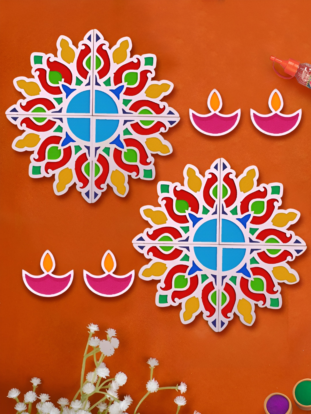 TIED RIBBONS White & Orange Colored 6 Pieces Wooden Rangoli Mats With Diyas