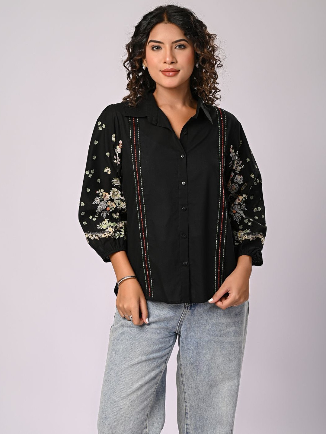 Zolo Label Women Black Handcrafted Embroidered Cotton Shirt Top