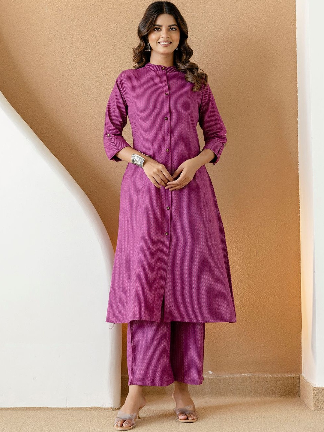 Cora Striped Mandarin Collar A-Line Pure Cotton Kurta With Trouser