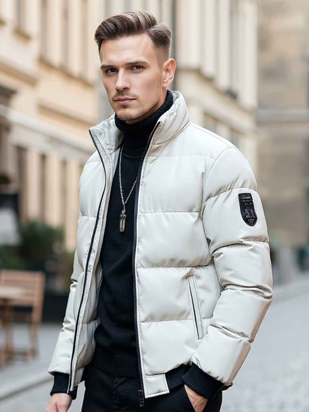 HERE&NOW Men Beige Solid Mock Collar Polyester  Overcoat Padded Jacket