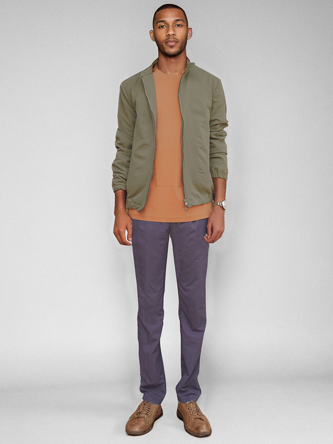 BARE BROWN Colourblocked Stand Collar Ultralight Longline Bomber Jacket