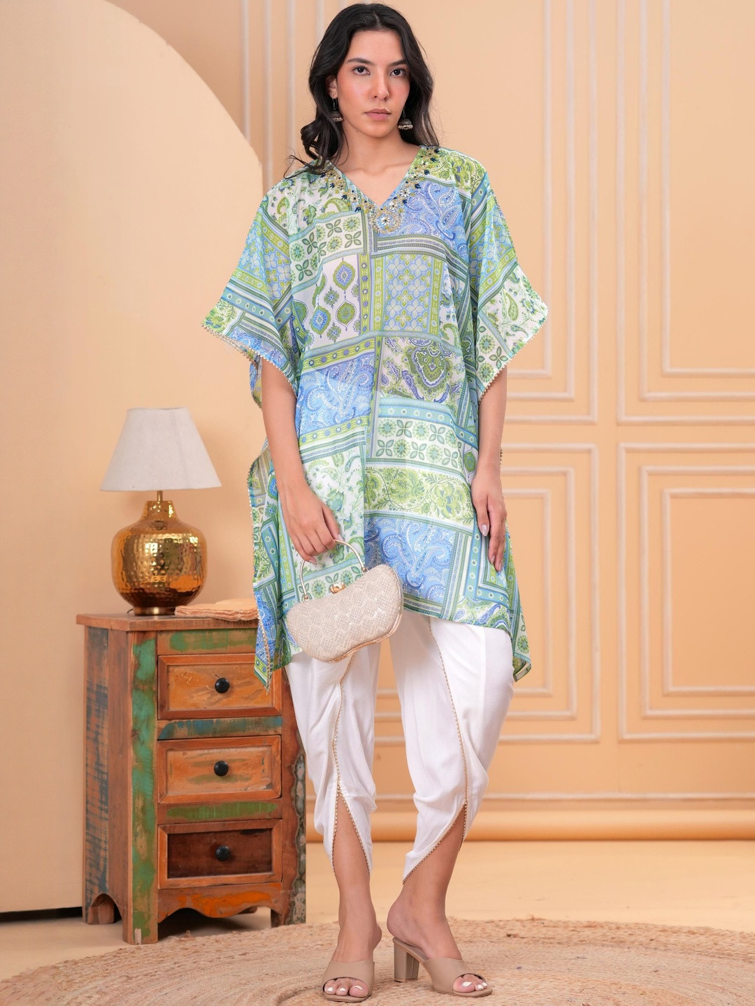 OH MI DIOS Floral Printed Thread Work Kurta With Dhoti Pant