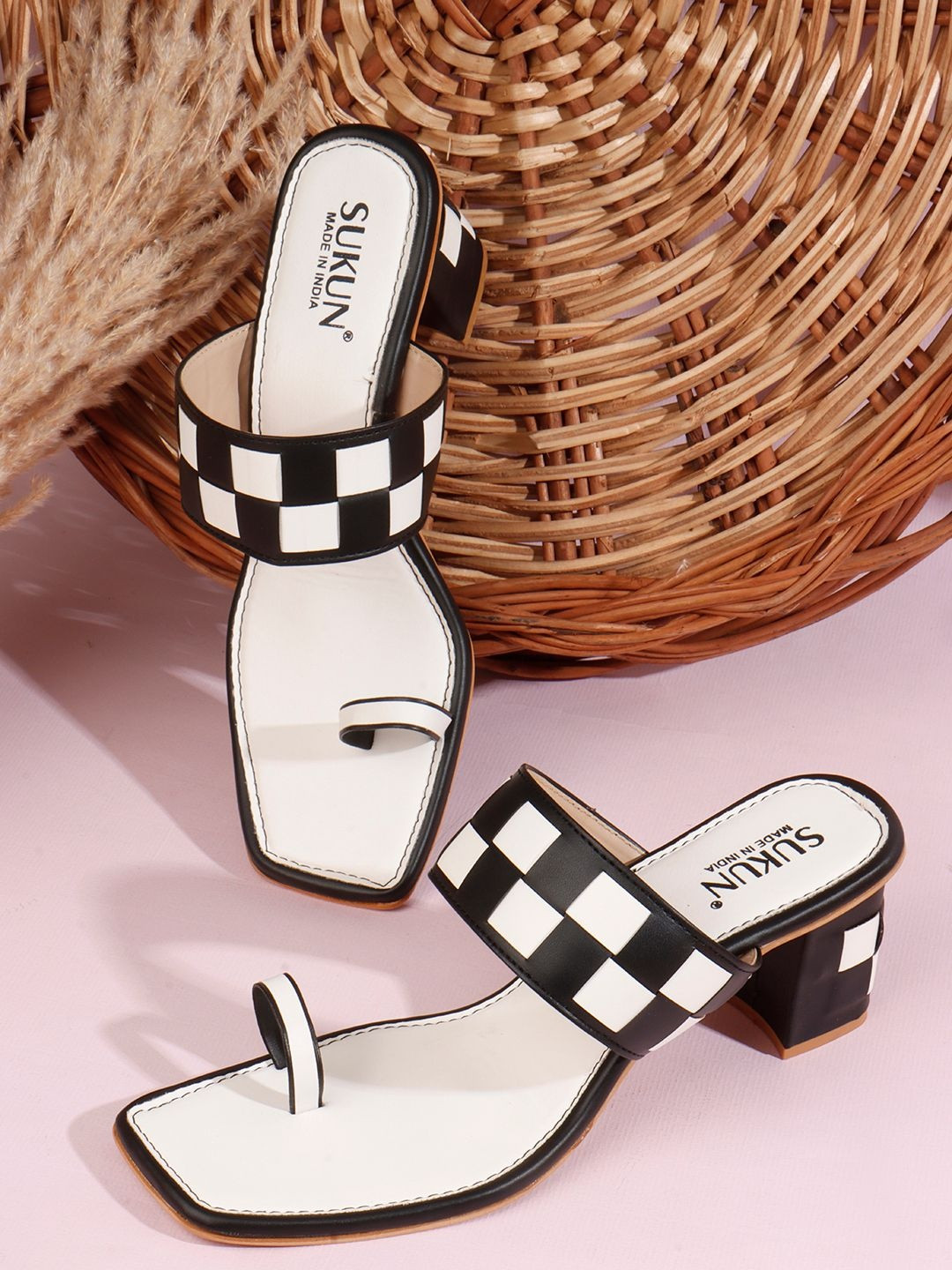 SUKUN Women White & Black Solid Open Back Party Block Sandals