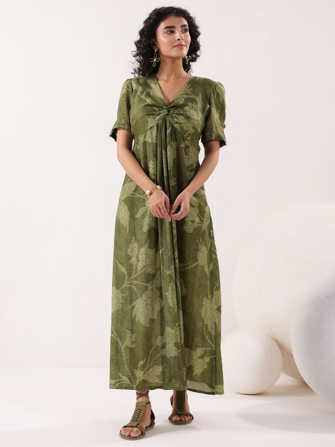 JISORA Printed A-Line Silk Midi Dress