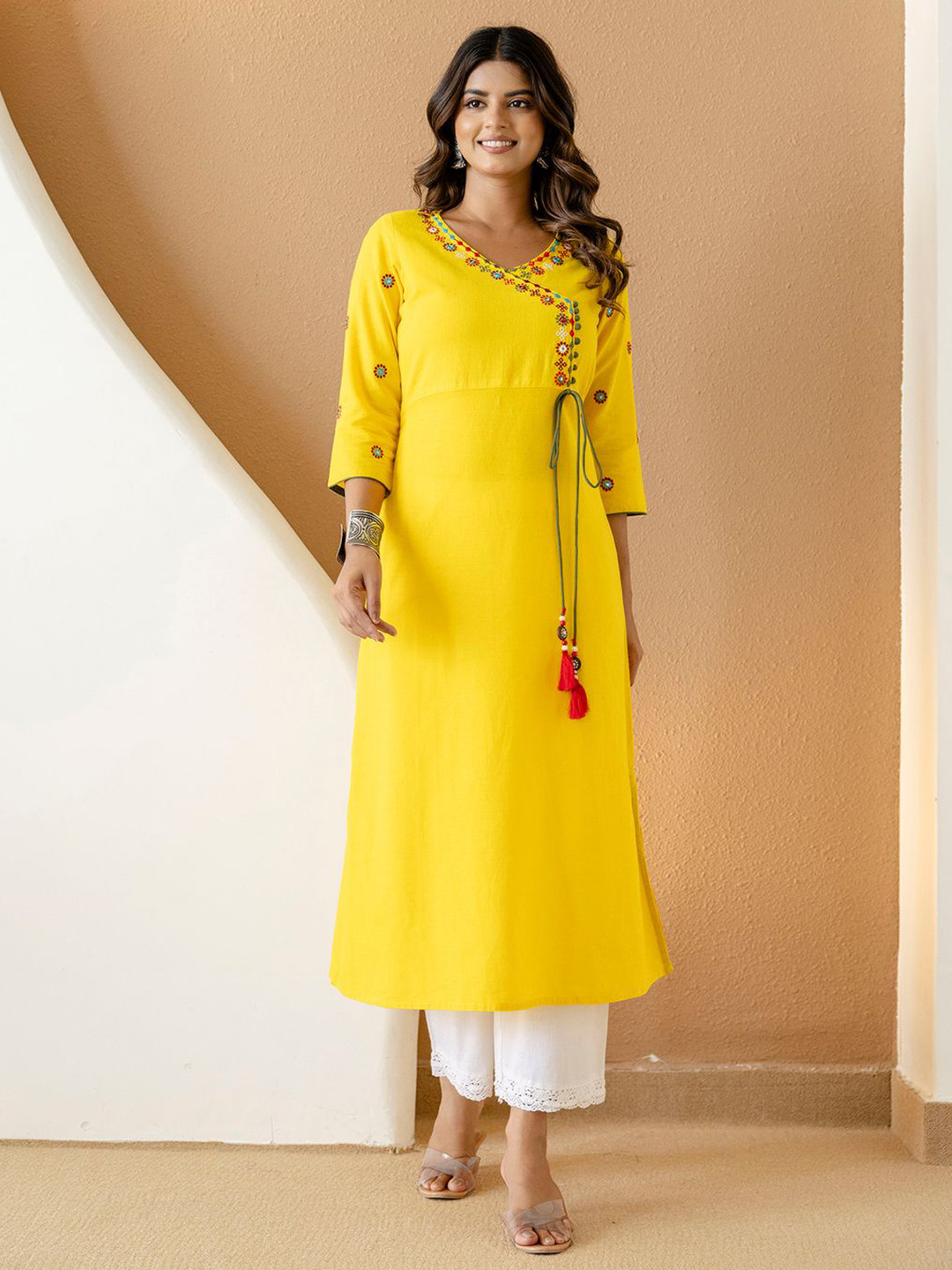 Cora Women Floral Embroidered Thread Work Angrakha Style Cotton Kurta