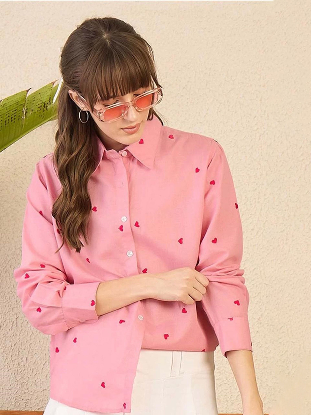 ANN SPRINGS Pink Graphic Print Casual Long Sleeve Shirt