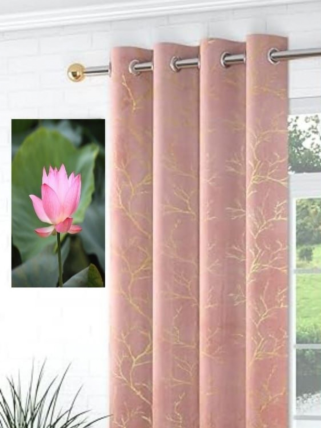 GEET CREATIONS Rose Gold Floral Room Darkening Velvet Window Curtain