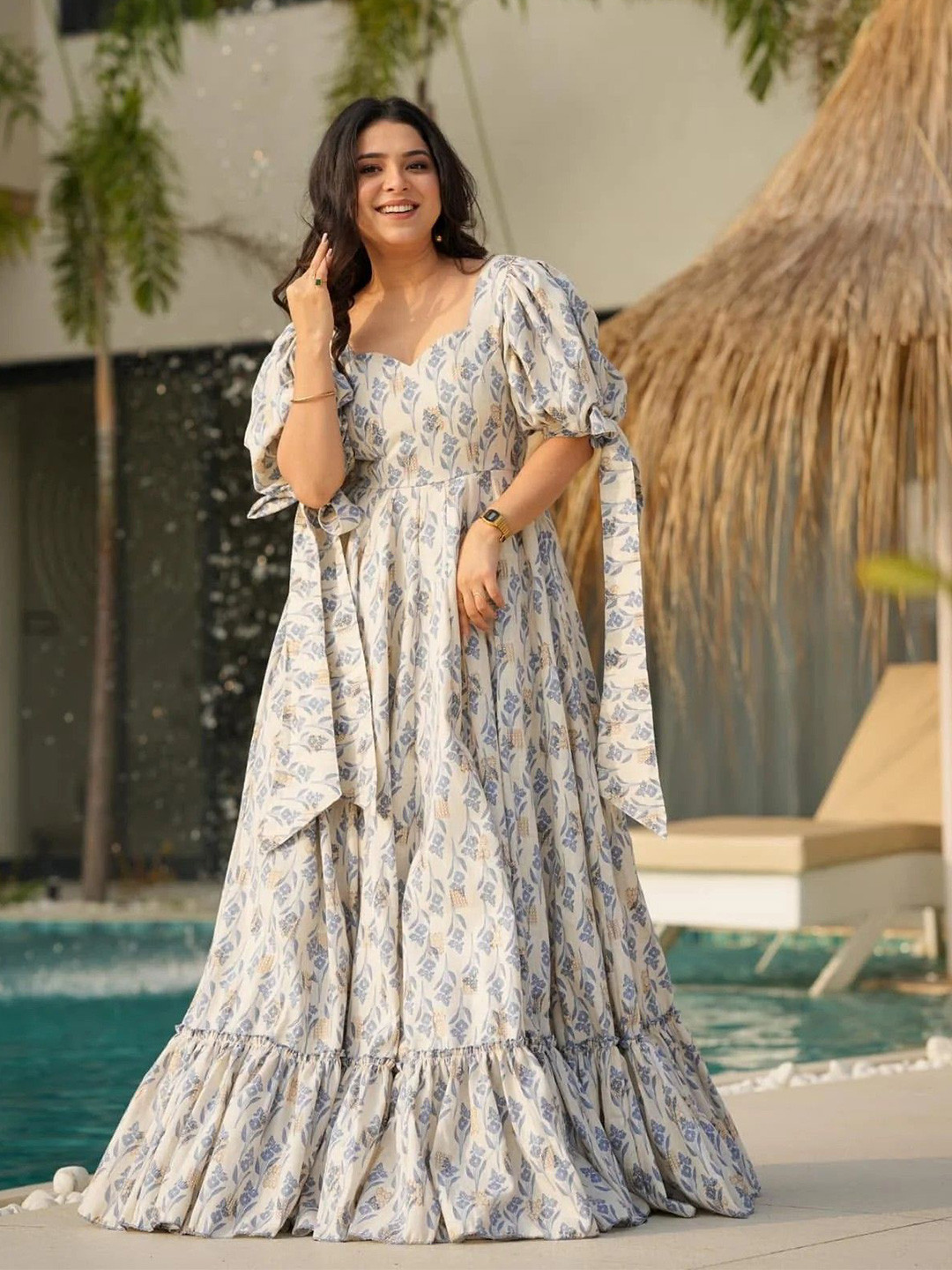 GLOSIA DESIGN Bohemian Printed Puff Sleeve Ruffled Fit & Flare Dress