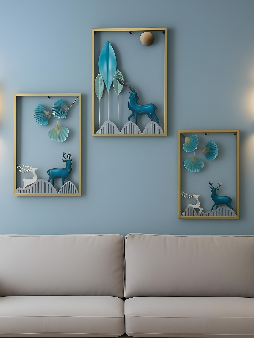 ANSHIKA INTERNATIONAL Blue & Gold Toned 3 Pieces Deer & Leaf Wall Frames