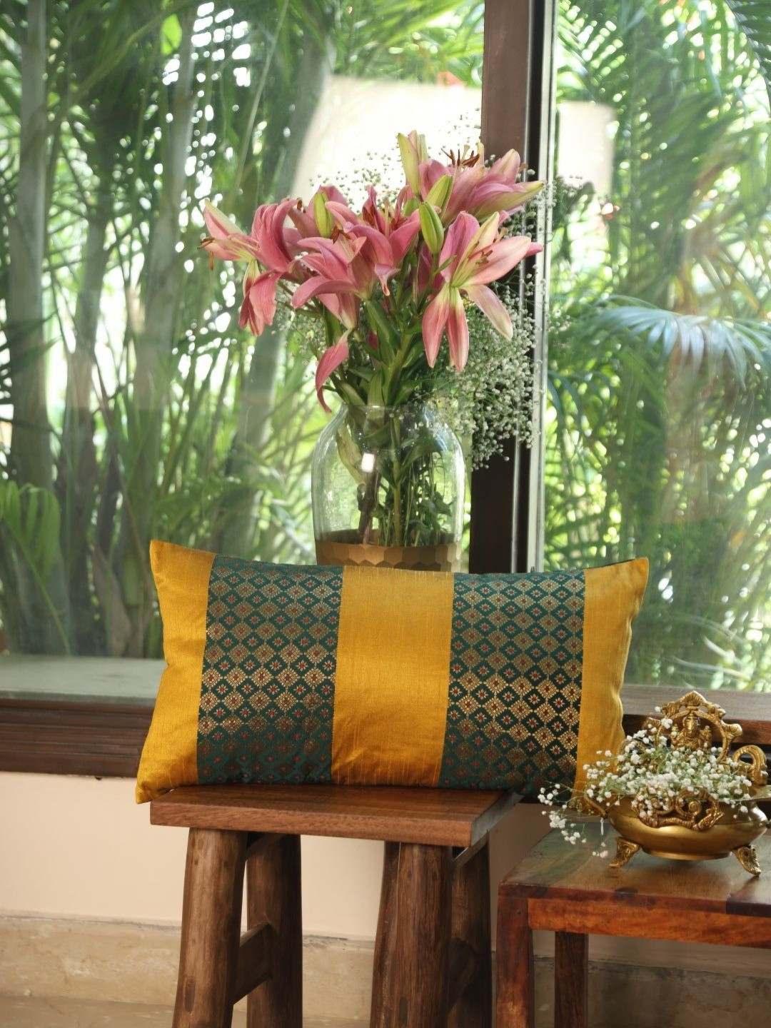 Revive Home Indian Sari Mustard & Green Ethnic Motifs Printed Rectangle Cushion Covers