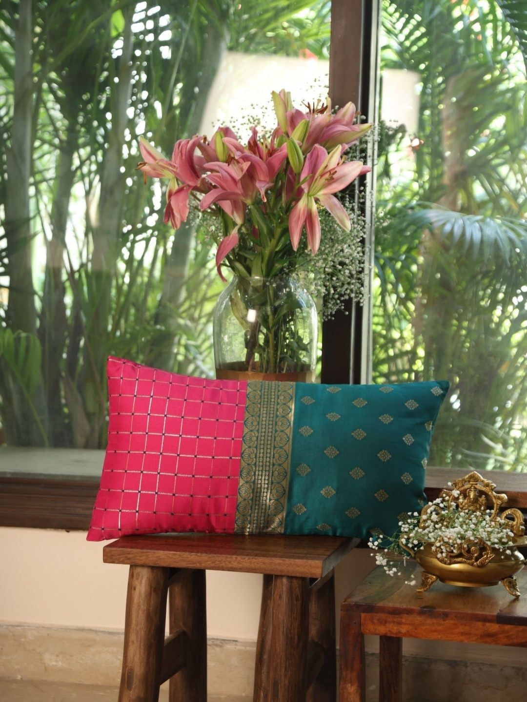 Revive Home Pink & Green Floral Printed Rectangle Cushion Cover
