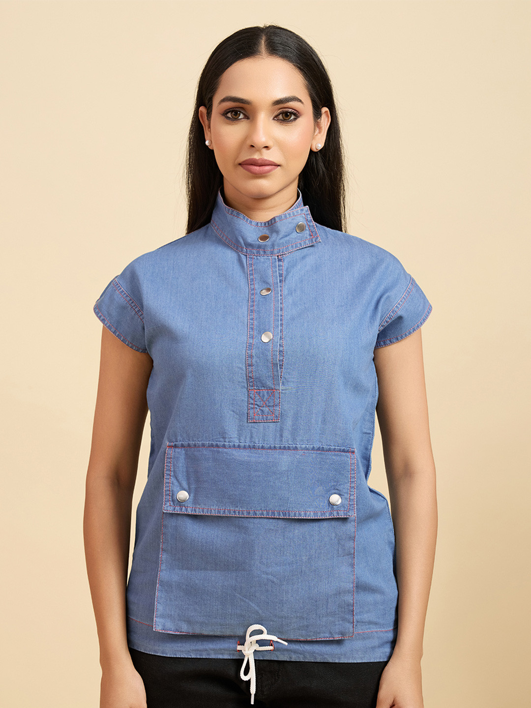 Komarri U Women Utility Pocket Mandarin Collar Cotton Denim Top