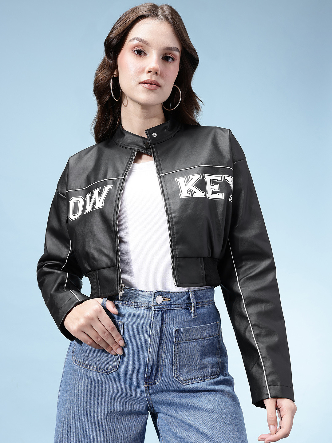 glitchez Typography Crop PU Bomber Jacket