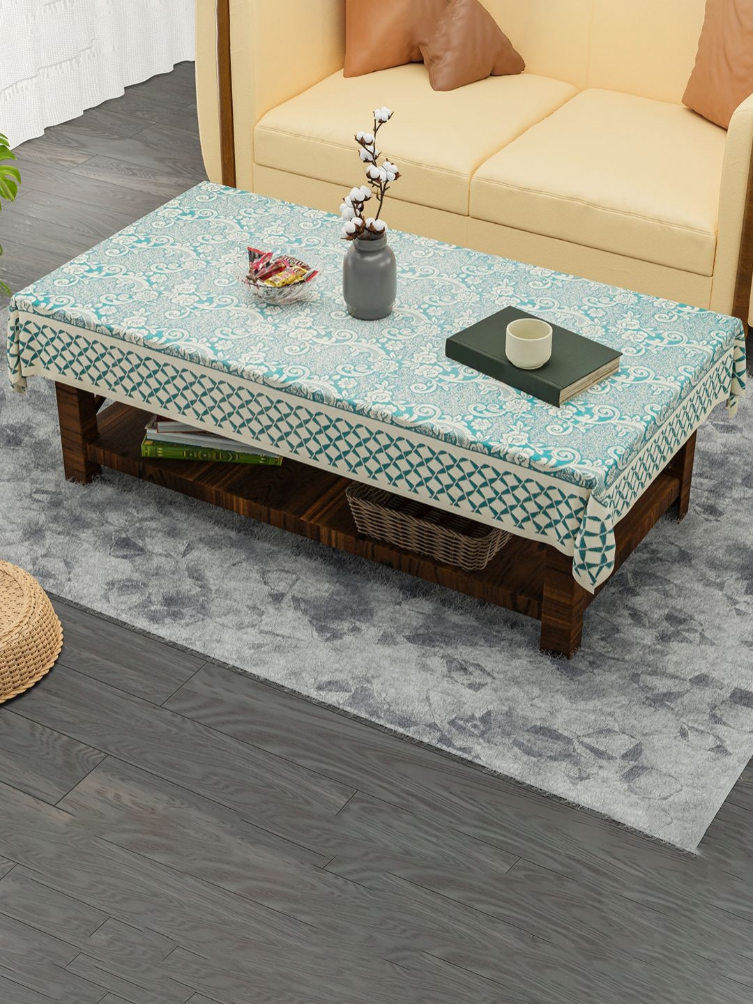 HOMESTIC Cream And Blue Floral Printed Anti-Skid Cotton 4-Seater Table Cover