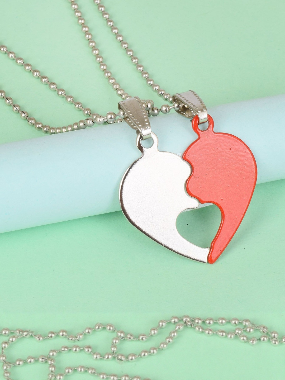 DZINETRENDZ Unisex Set Of 2 Silver-Plated 2 Parts Broken Heart Shaped Pendants With Chains