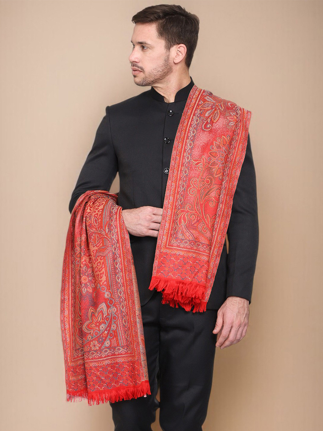 WEAVERS VILLA Men Woven Printed Frayed Border Winter Shawl