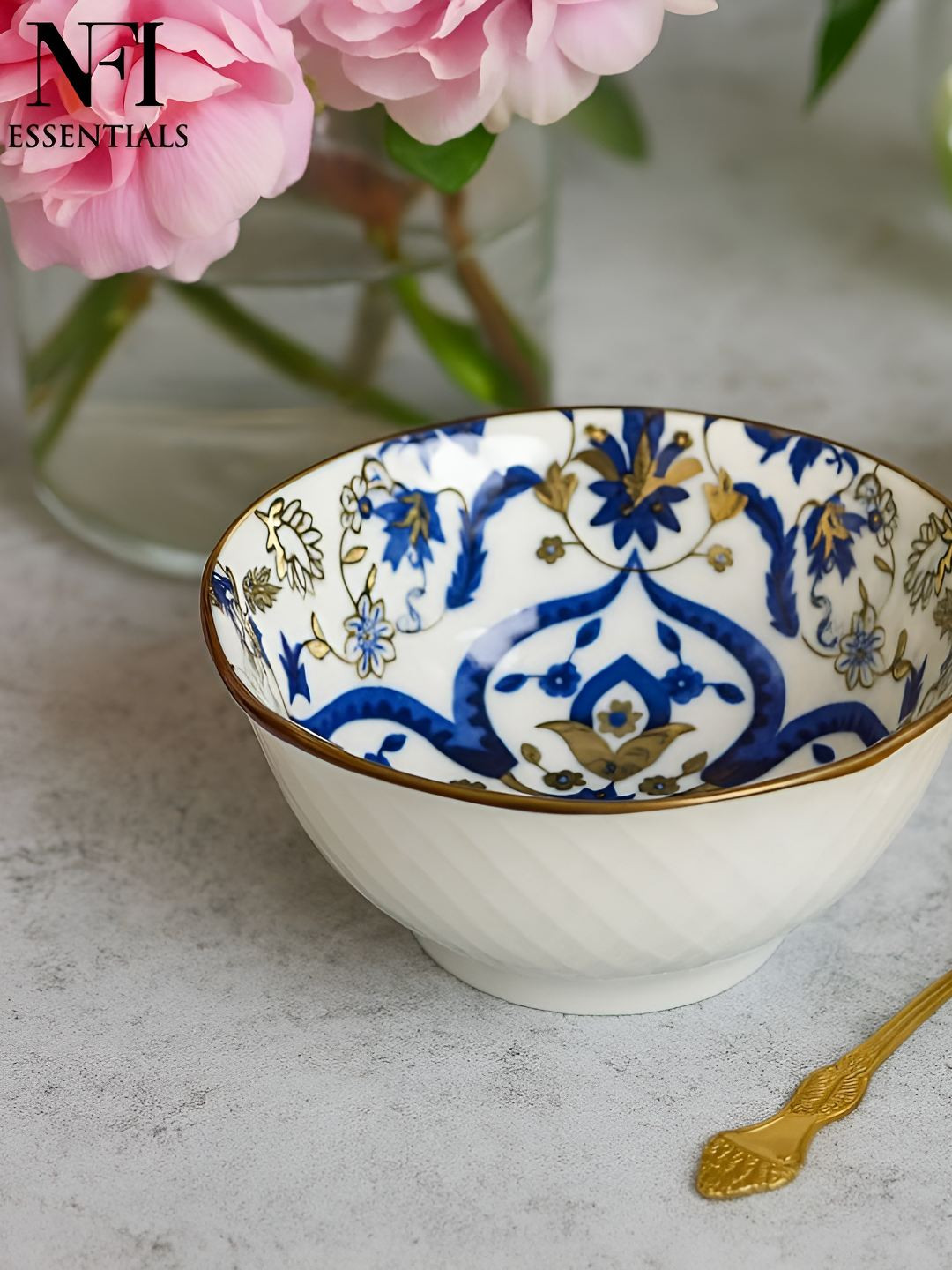 NFI essentials White & Blue Ceramic Dishwasher And Microwave Safe Core Bowl