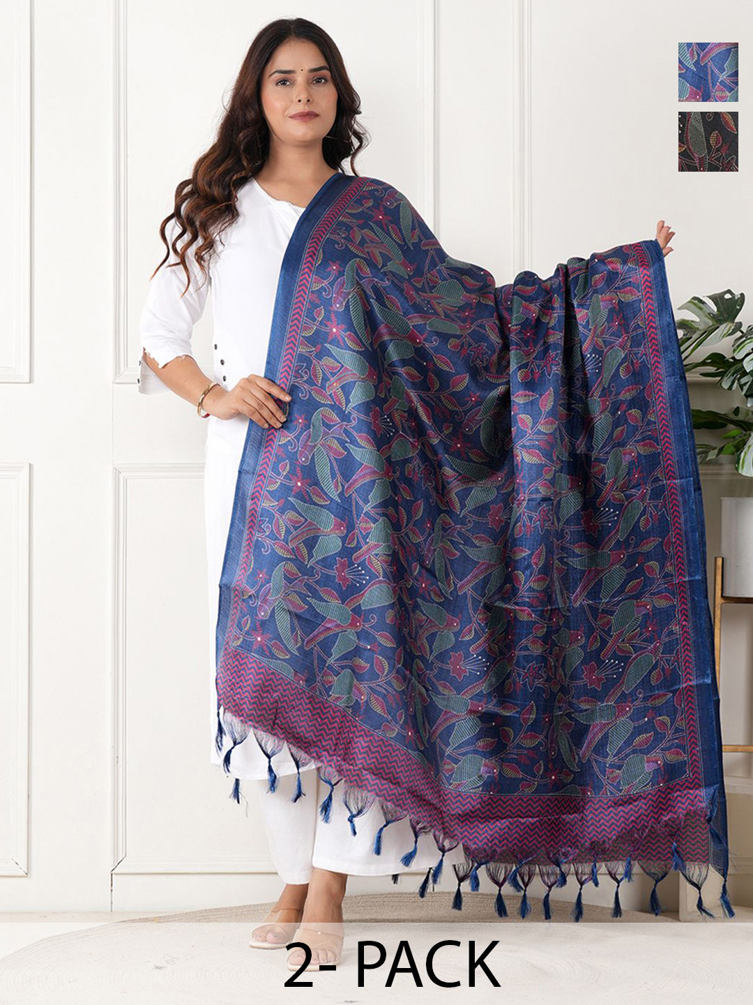 URBAN KANYA Selection Of 2 Birds Printed Pure Silk Dupattas