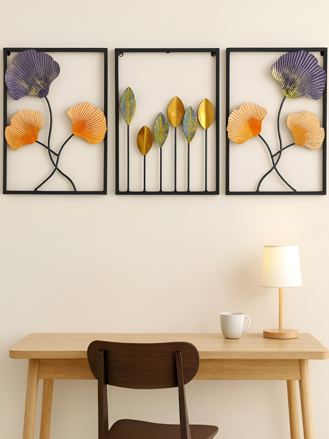 ANSHIKA INTERNATIONAL Orange & Green 3 Pieces Monstera Leaf Wall Frames