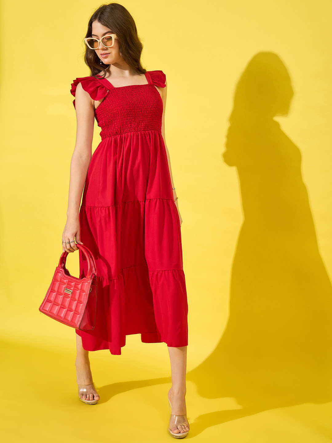 IQOA Women Solid Flutter Sleeves Crepe Fit and Flare Midi Dress
