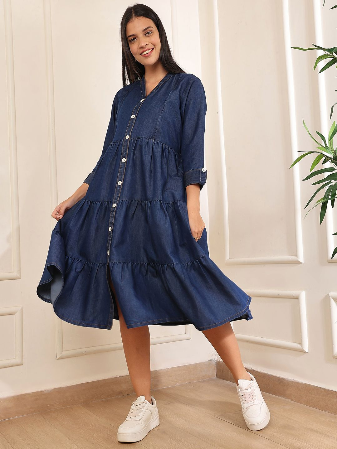 Aanyor V-Neck Gathered Or Pleated Maternity A-Line Midi Cotton Denim Dress