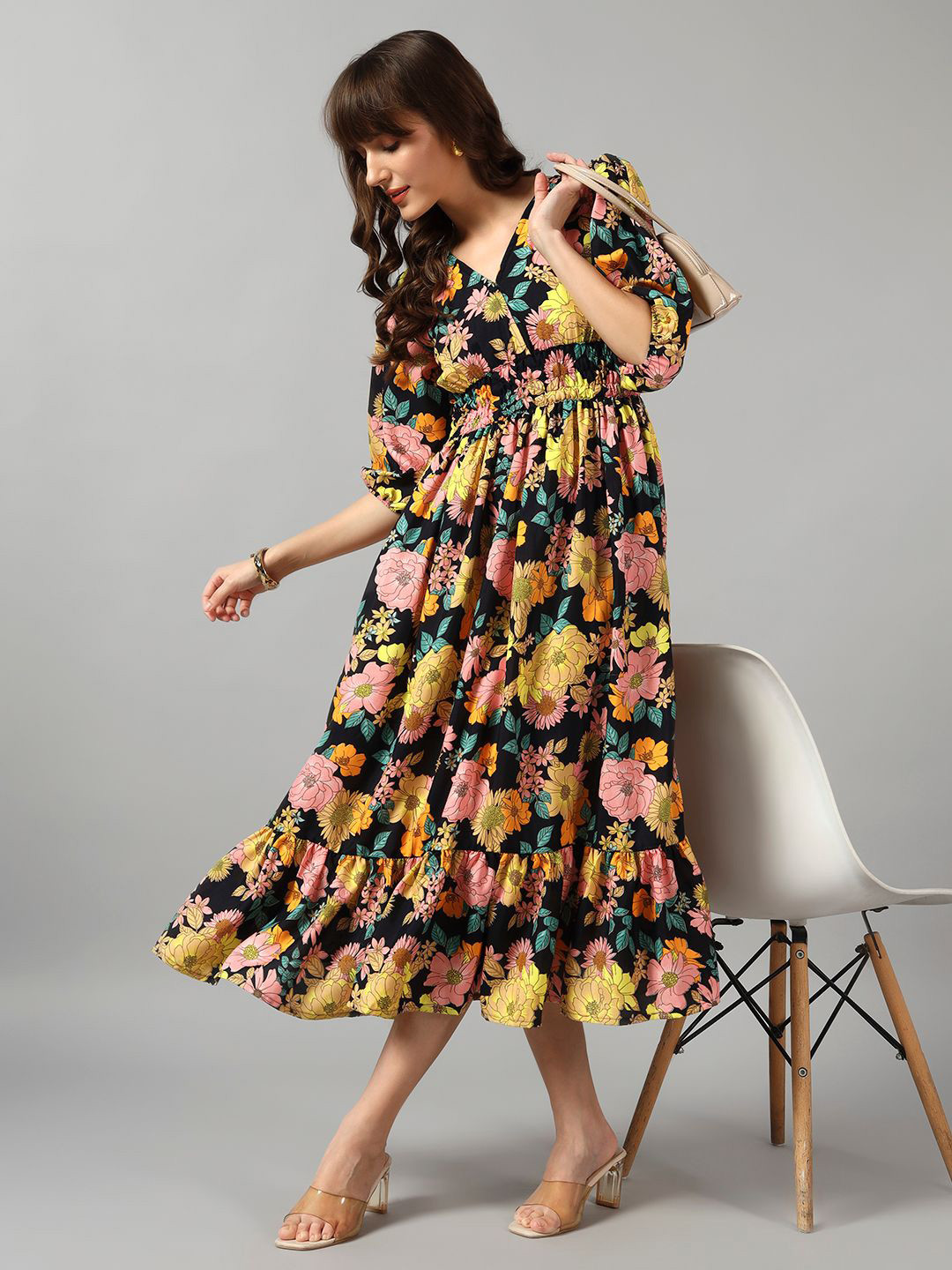 Raiyani Enterprise Women Floral Printe Smocked Tiered Crepe Fit & Flare Midi Dress