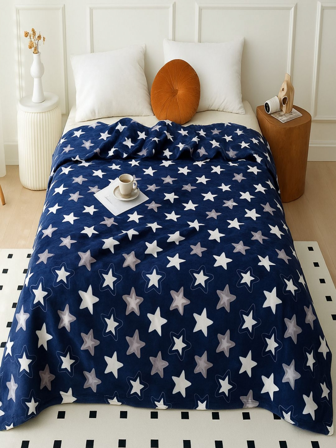 Threadwear Blue & Grey Geometric Printed Woollen 210 GSM Blanket- 2.40 x 2.20 m