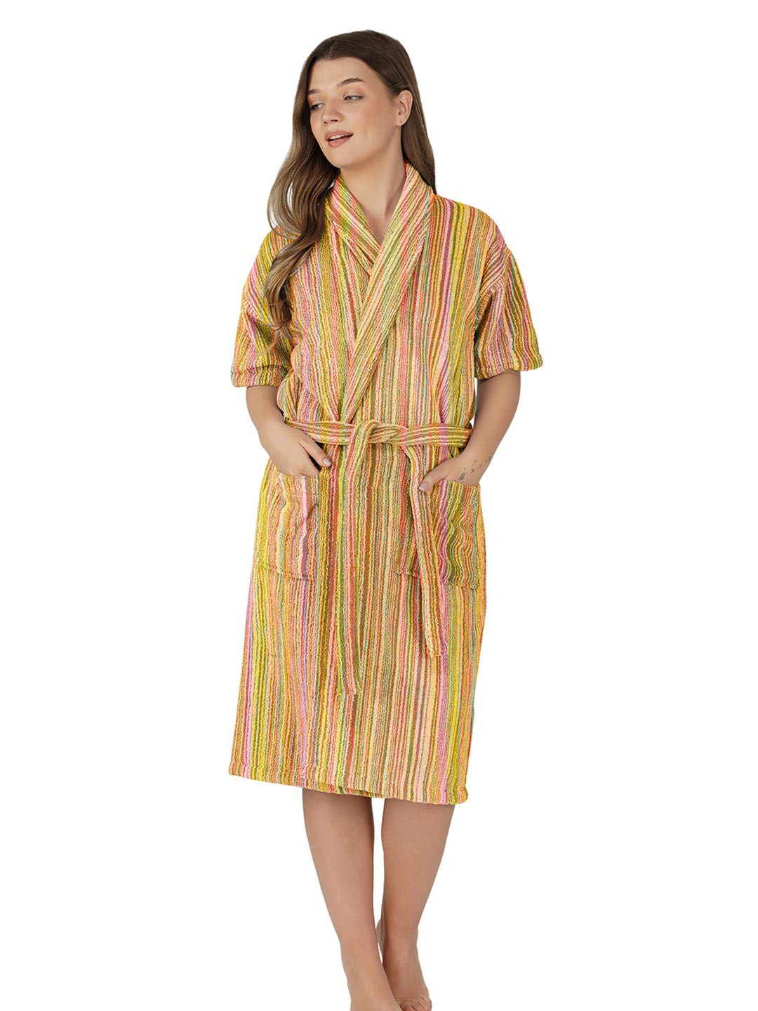 RANGOLI Striped Cotton 400 GSM Bath Robe