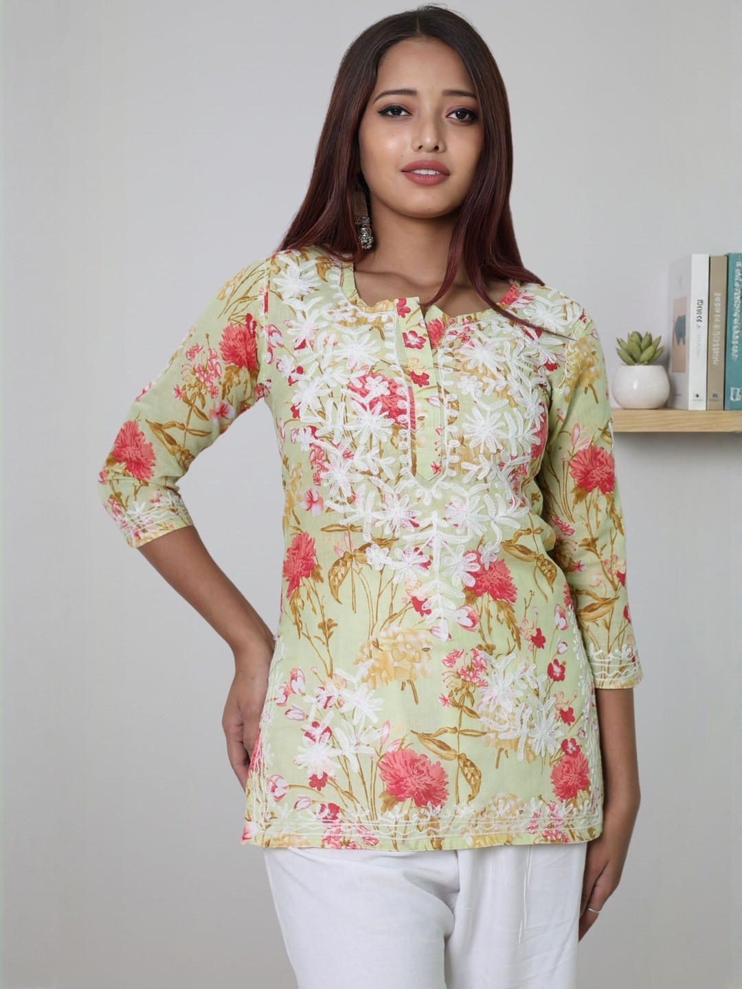 myplusfashion Women Cotton Chikan Embroidery Printed Tunic