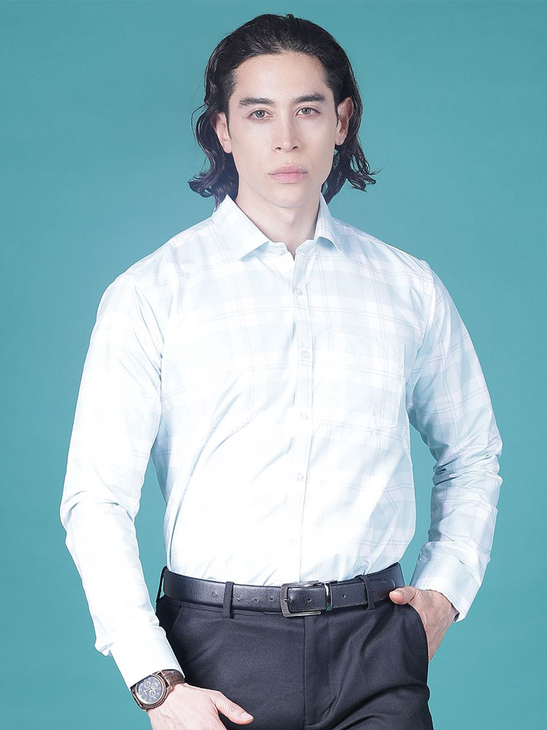 V-Mart Windowpane Checked Formal Spread Collar Slim Fit Shirt