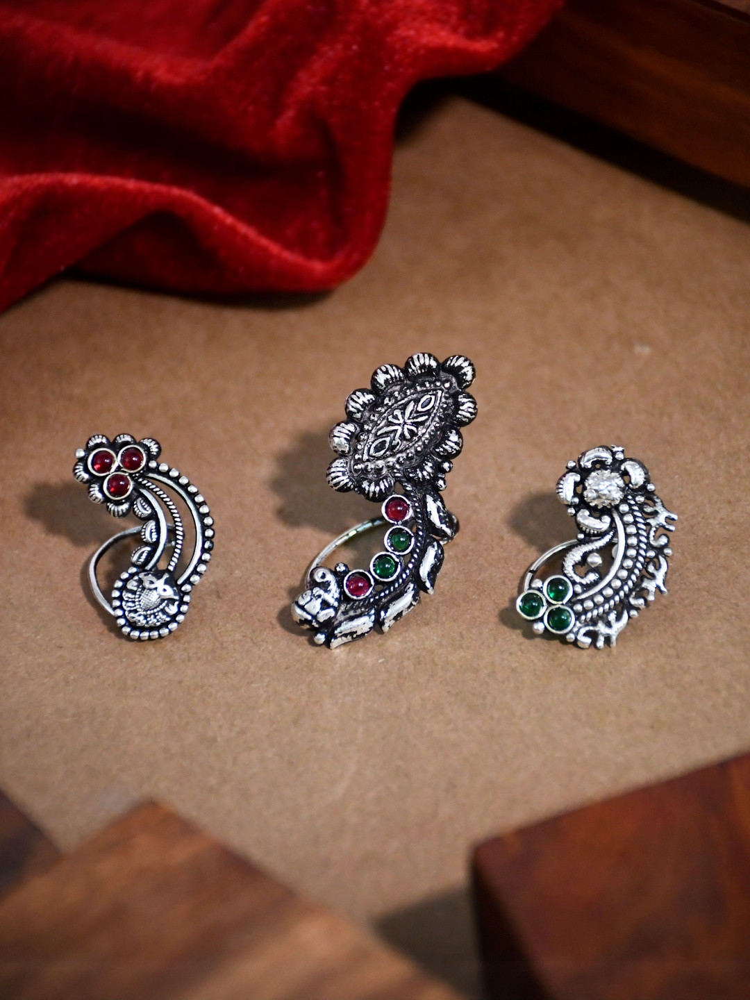 NAMAN ARTS Set Of 3 Silver Plated Artificial Stones Studded Maharashtrian Stud Nosepins