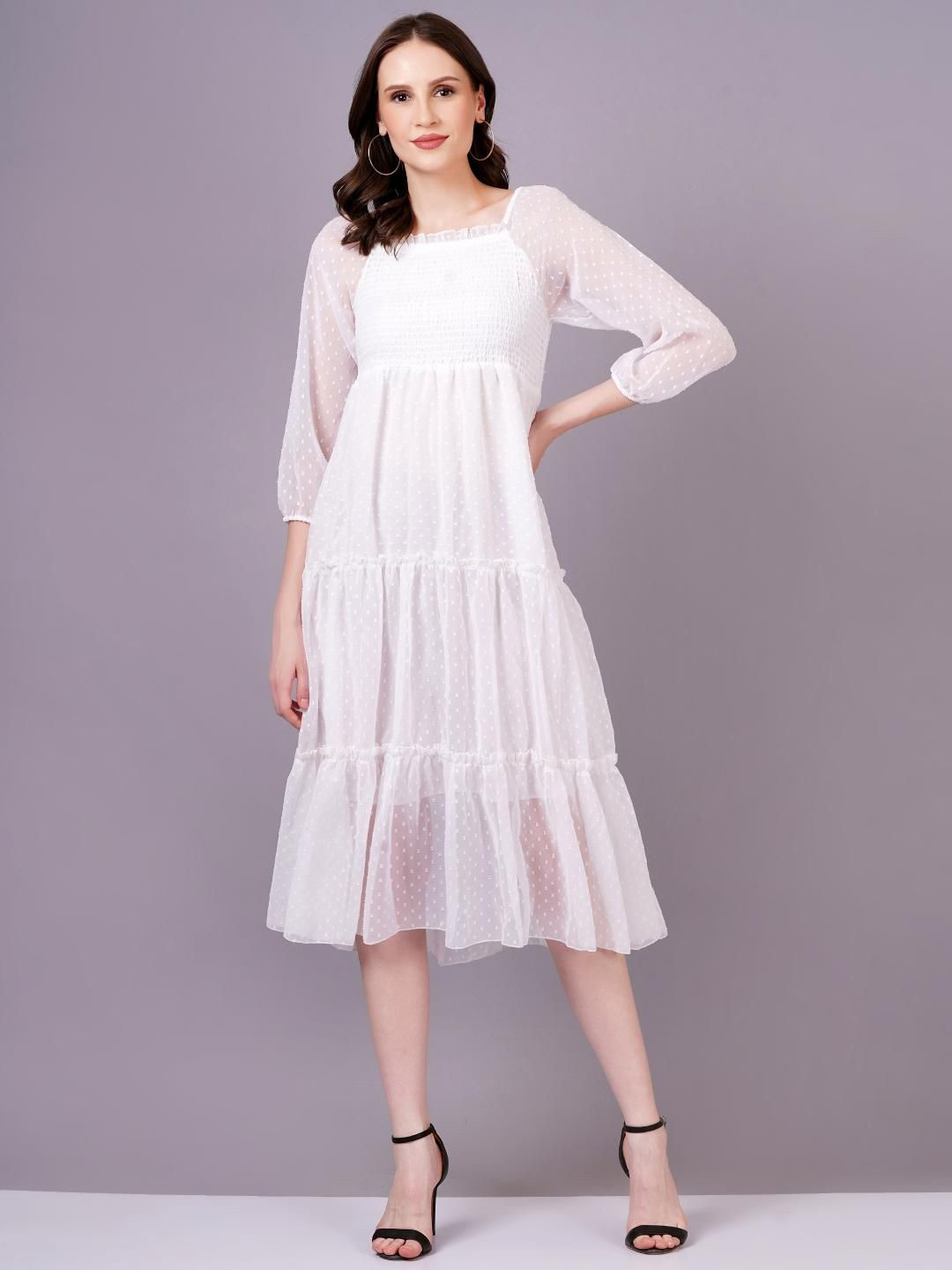 OH MI DIOS Women White Self Design Midi Dress