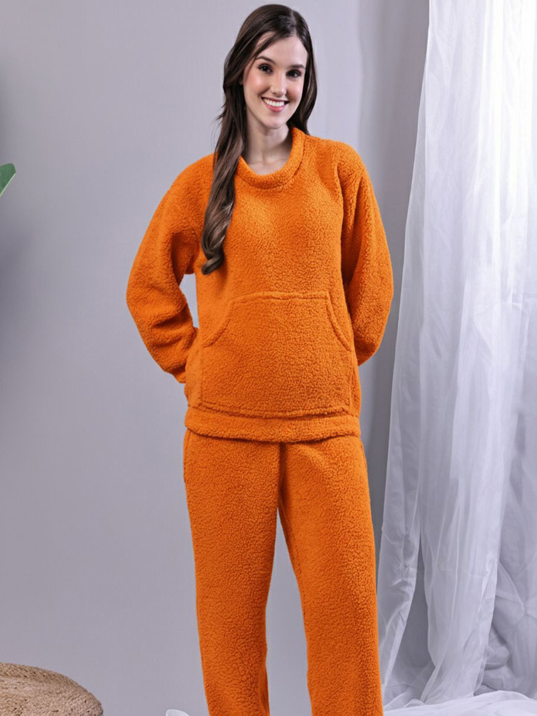 TAG 7 Orange Lycra Sherpa Winter Round Neck Night Suit