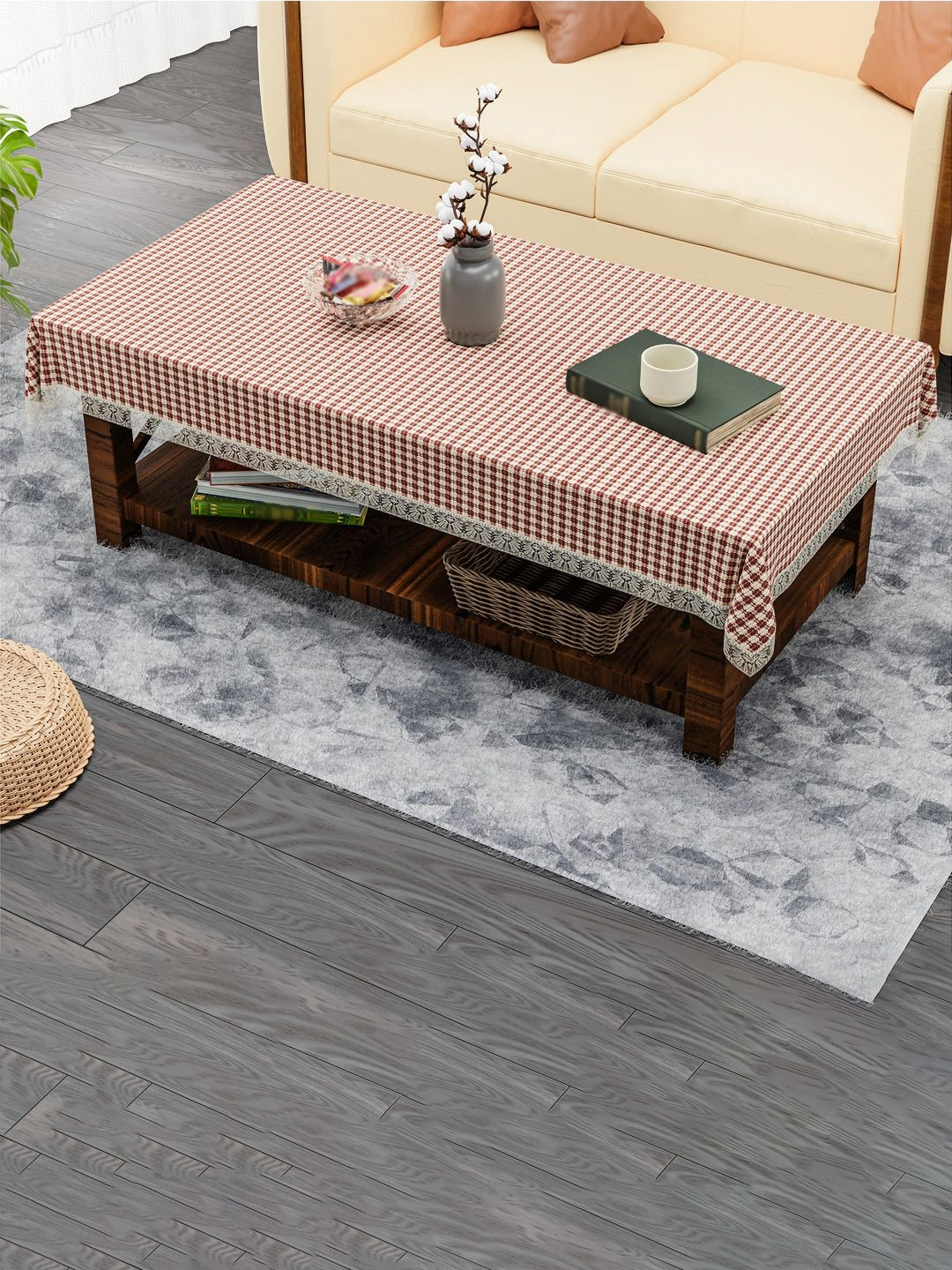 HOMESTIC Cream And Red Geometric Printed Anti-Skid Jute 4-Seater Table Cover