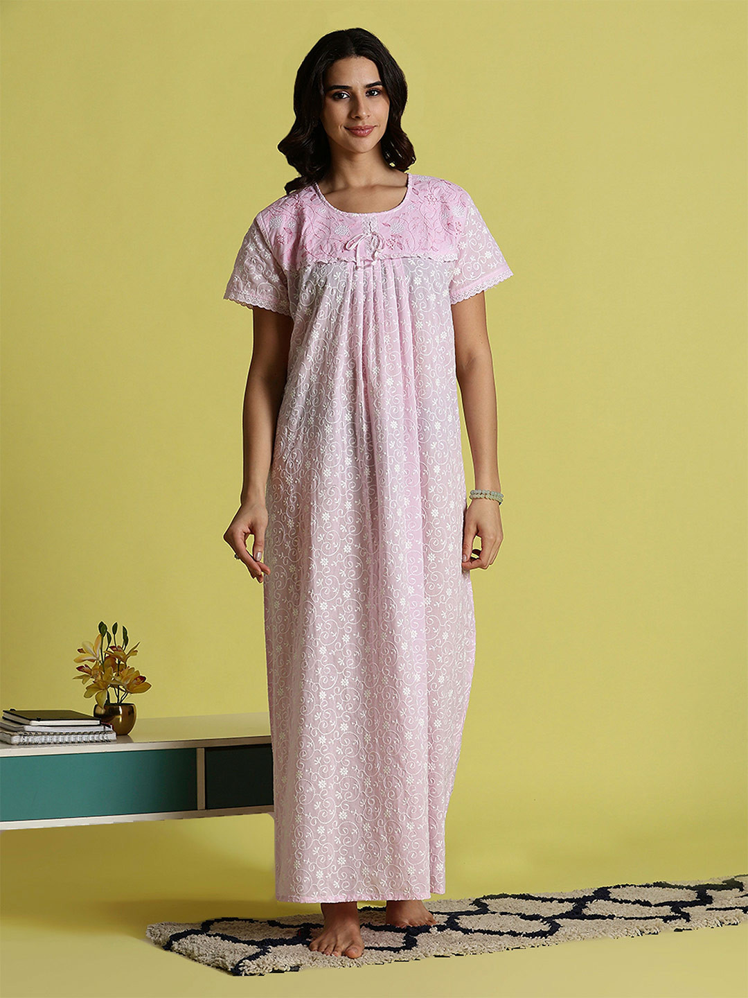 9shines Label Women Floral Embroidered Round Neck Pure Cotton Maxi Nightdress