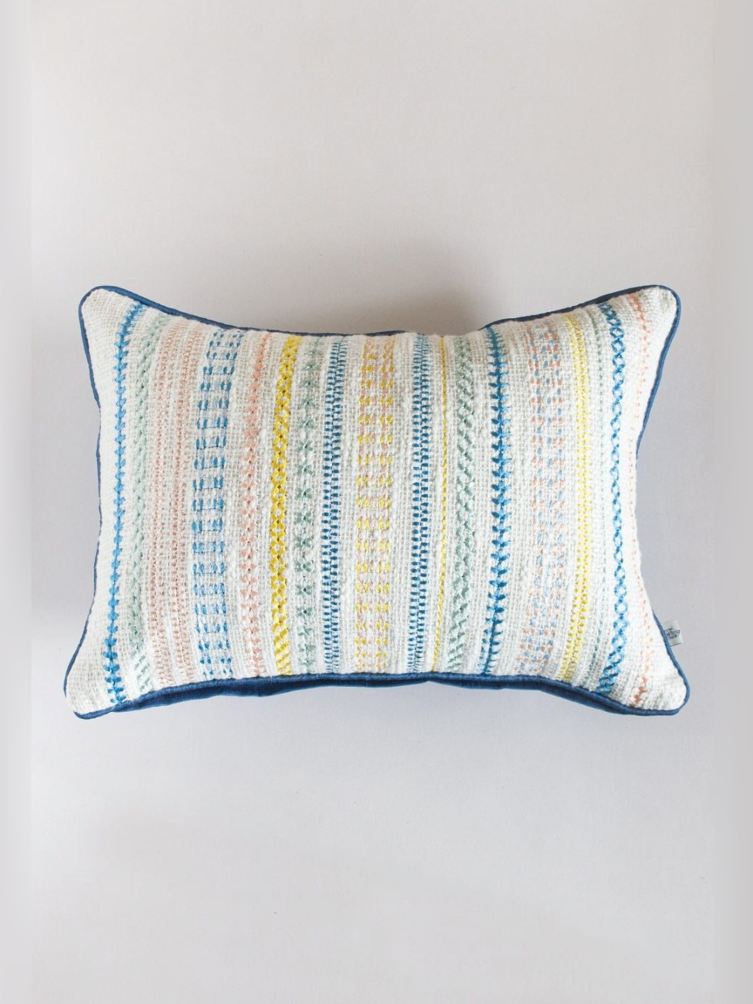 The Wishing Chair White & Blue Striped Embroidered Rectangle Cotton Cushion Covers