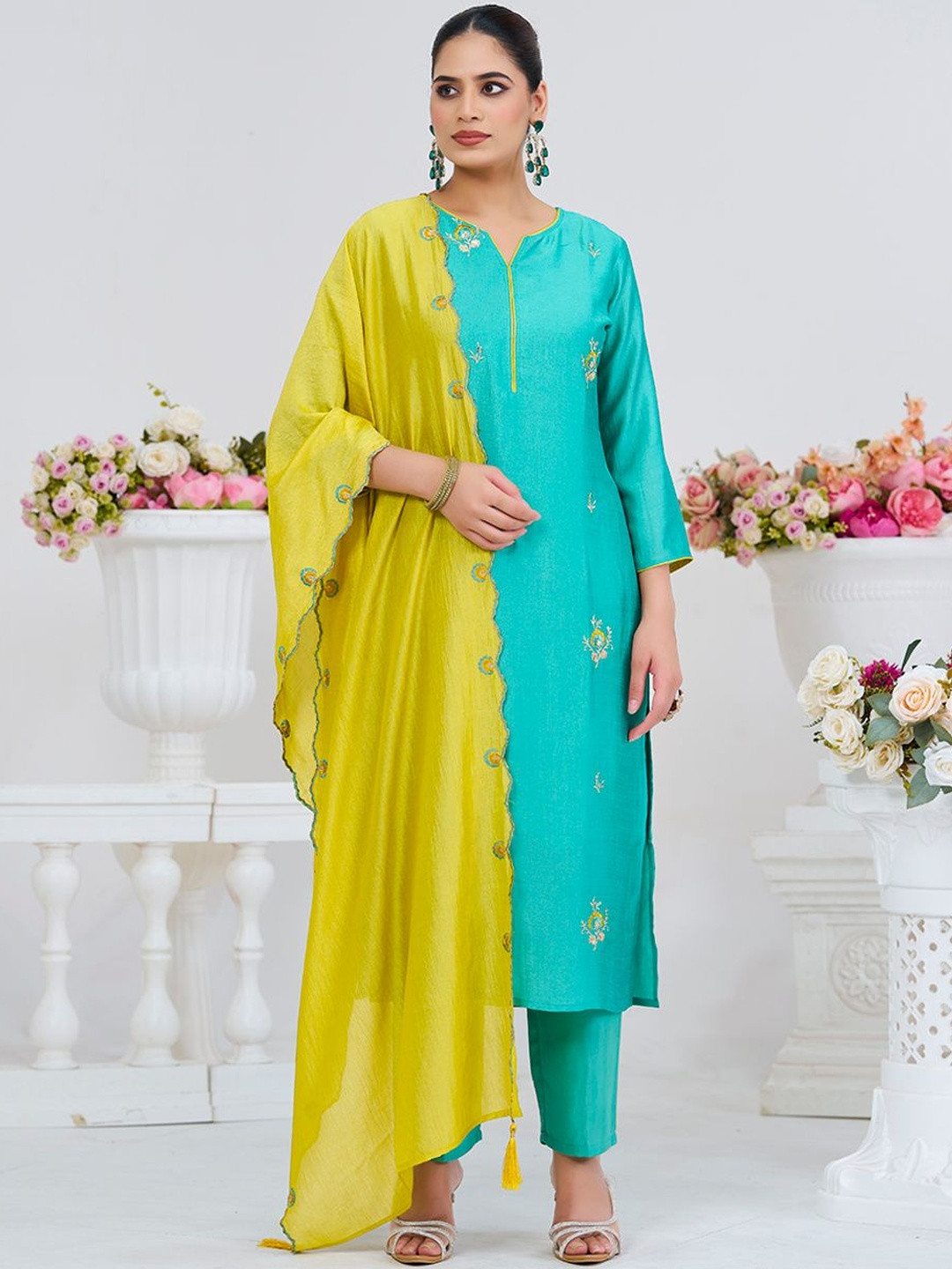 MOKOSH Women Floral Embroidered Silk Kurta with Trousers & Dupatta
