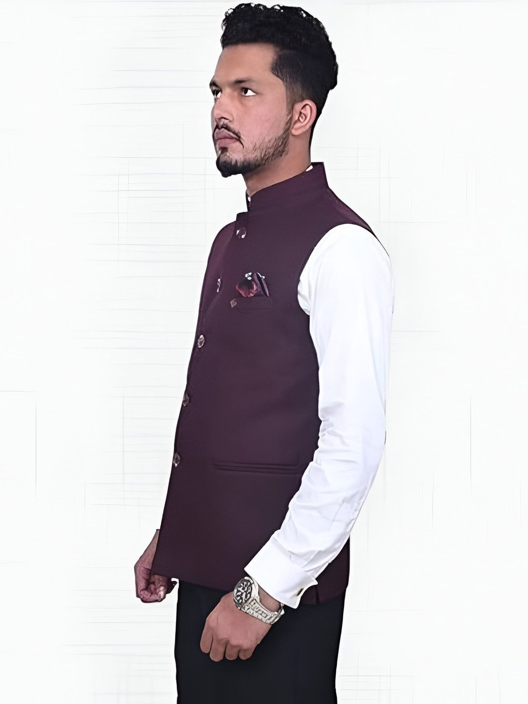 Risani  Men Maroon Solid Sleeves Polyester Nehru Jackets