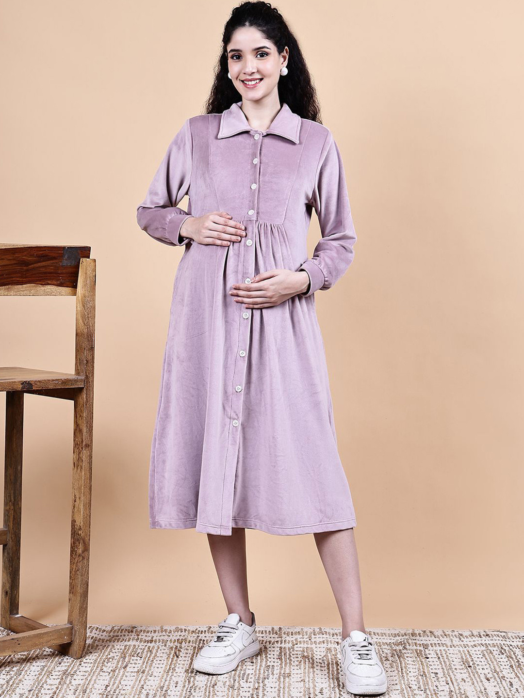 Secret Wish Shirt Collar Velvet Maternity Shirt Midi Dress