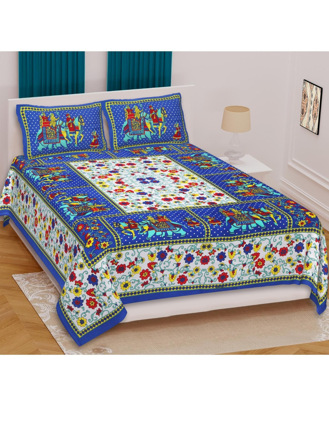 Dhawariya's Rajasthani Jaipuri Blue & White Floral 144 TC Bedsheet with 2 Pillow Covers