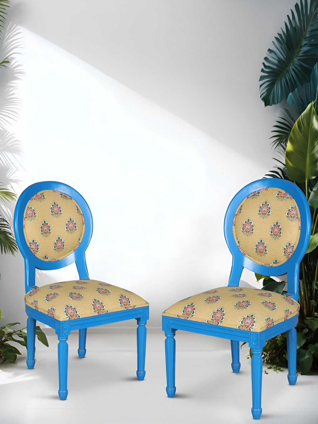 GLOBALLY INDIAN Beige & Blue Printed Wooden Lounge Chair