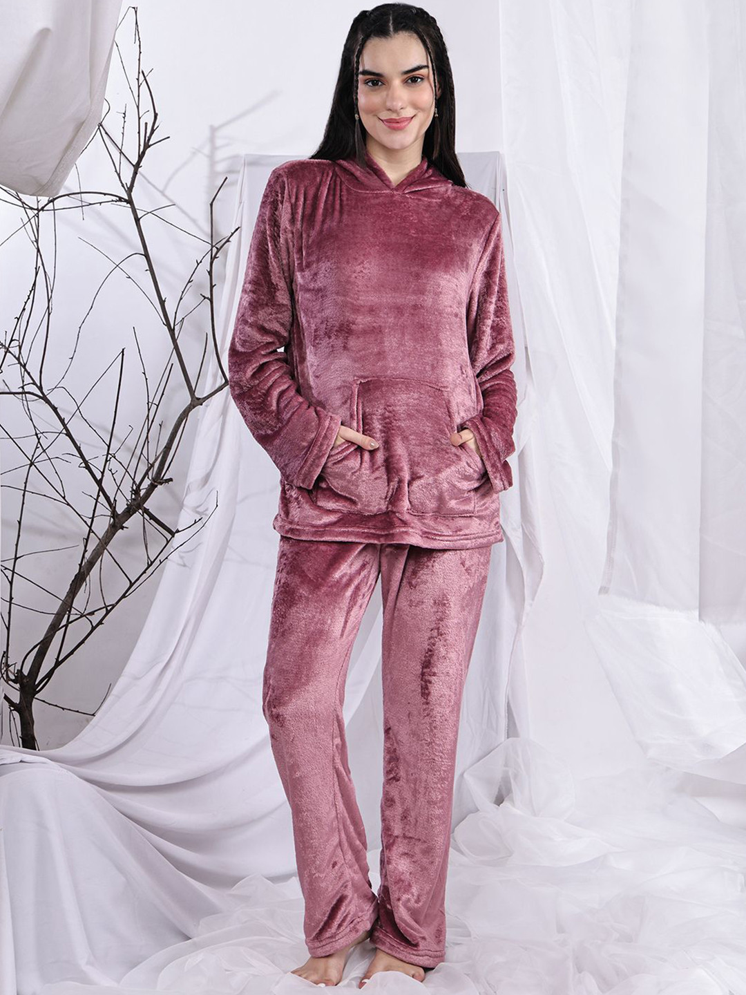 ETC Women Fleece Two-Piece Hoodie and Trouser Nightsuit Set