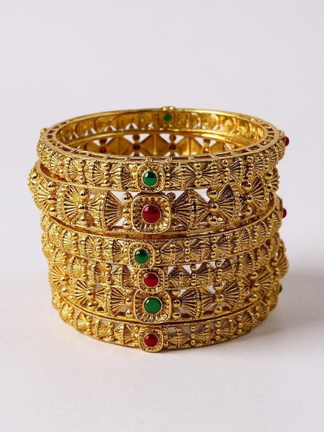 ANTIQUE JEWELLERY Set of 6 Gold-Plated Artificial Stone Studded Bangles